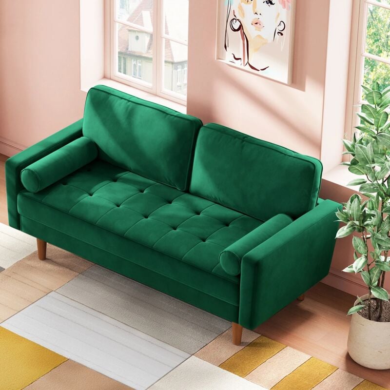 Keepbuying - Canapé Droit 2 Places en Velours Moderne,Canapé à Bras Roulés,Loveseat avec Accoudoirs,148L x 78l x 85H cm,Vert