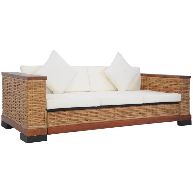 True Deal - Canapé à 3 places avec coussins Marron Rotin naturel