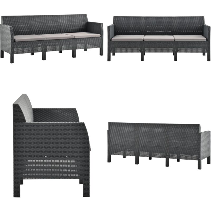 Canapé à 3 places de jardin avec coussins Anthracite pp Rotin - Canapé De Jardin - Salon De Jardin - Mobilier De Jardin - Canapé 3 Places - Meubles