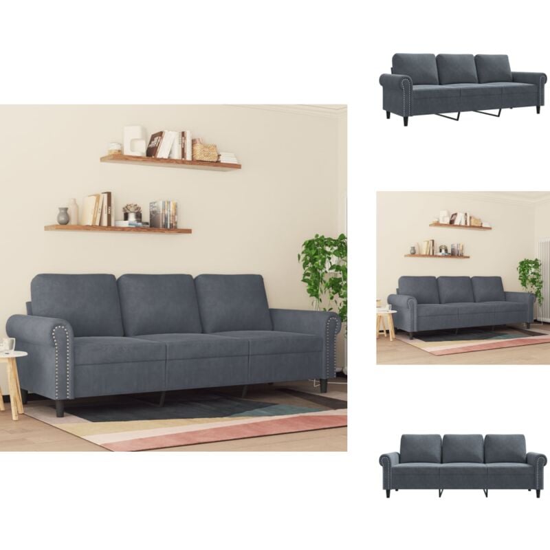 Vidaxl - Canapé à 3 places Gris foncé 180 cm Velours - Canapé Trois Places - Canapé Velours - Canapé Gris - Canapé Design - Meuble Salon