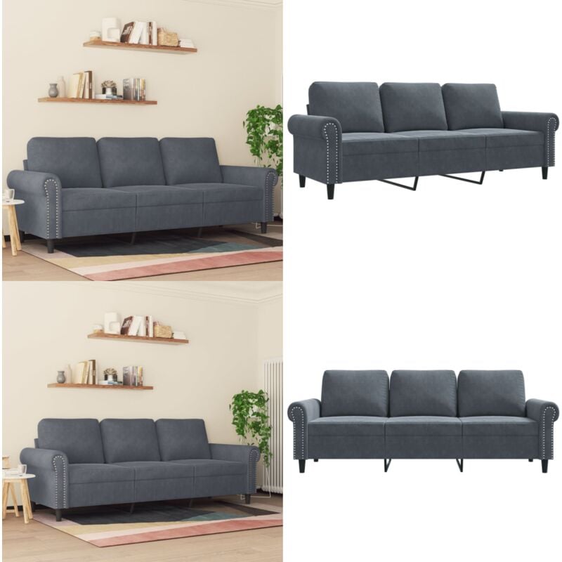 Vidaxl - Canapé à 3 places Gris foncé 180 cm Velours - Canapé Trois Places - Canapé Velours - Canapé Gris - Canapé Design - Meuble Salon - Home &