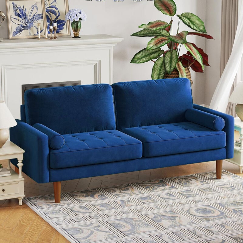 Keepbuying - Canapé Droit 3 Places en Velours Moderne,Canapé à Bras Roulés,Loveseat Salon avec Accoudoirs,173L x 77l x 86H cm,Bleu