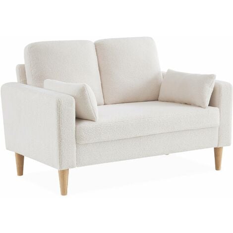 Canapé à bouclettes blanc cassé - Bjorn - Canapé 2 places fixe droit pieds bois. style scandinave