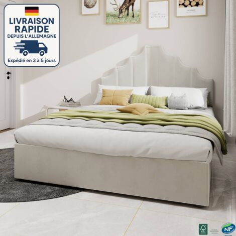 Canapé abatible 140x200cm - Cama adulto - Cabecero geométrico - Estructura de madera recubierta de lana holandesa y acolchada - Diseño sencillo y elegante - Beige