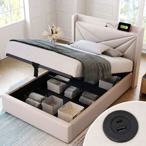 Canapé abatible 90x200 cm individual tapizado, cama adulto con cabecero geométrico y puerto USB, tela algodón beige, sin colchón