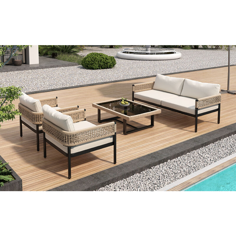 Redom - Canapé alon de jardin, pieds réglables, plateau de table en verre lisse, ensemble de 4, y compris tous les coussins d'assise et de dossier,