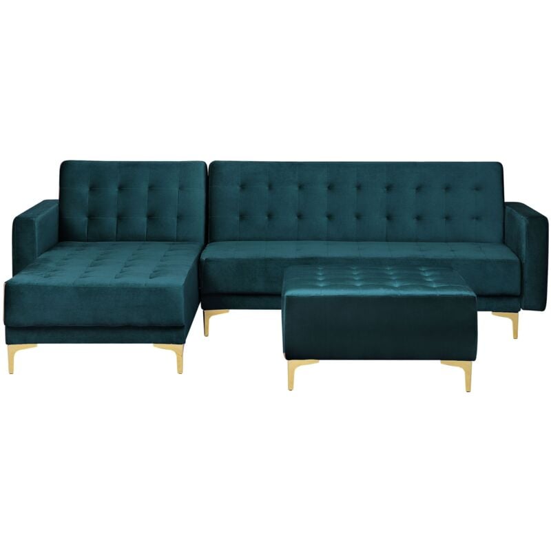 Canapé angle droite convertible en velours bleu paon 4 places avec pouf ABERDEEN