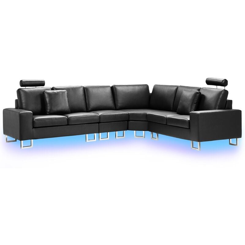 Canapé angle à gauche en cuir noir 6 places avec LED STOCKOLM