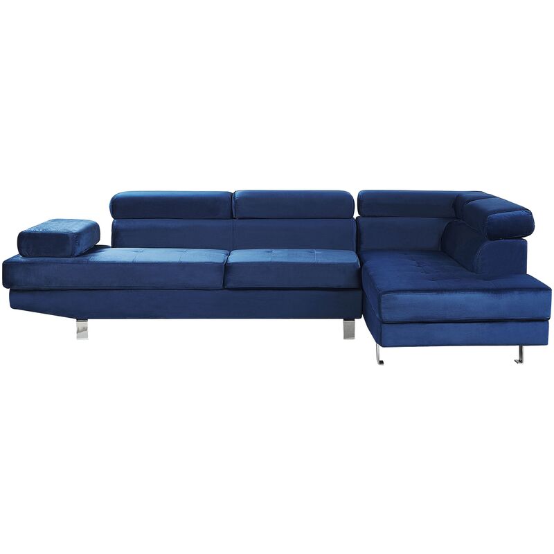 Beliani - Canapé d'Angle Design en Velours Bleu avec Appuis-têtes Réglables pour Salon Moderne