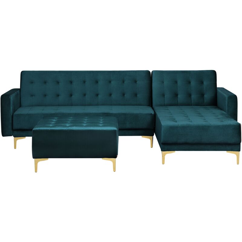 Canapé angle gauche convertible en velours bleu paon 4 places avec pouf ABERDEEN