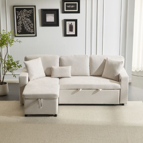 Canapé angle convertible rangement beige 214 cm OKMYHOME