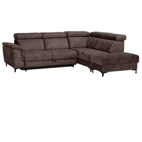 Canapé angle droit convertible coffre pouf microfibre marron – MERRIN