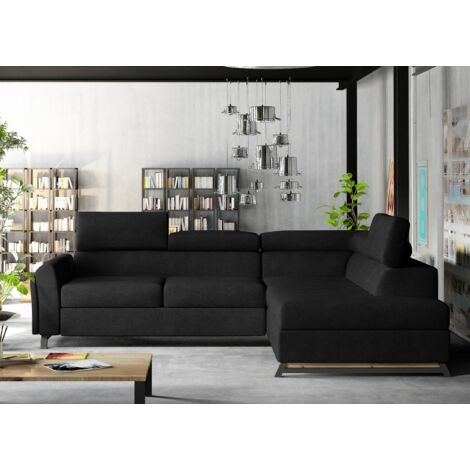 Canapé angle droit convertible tissu noir avec têtières réglables Nikos 265cm