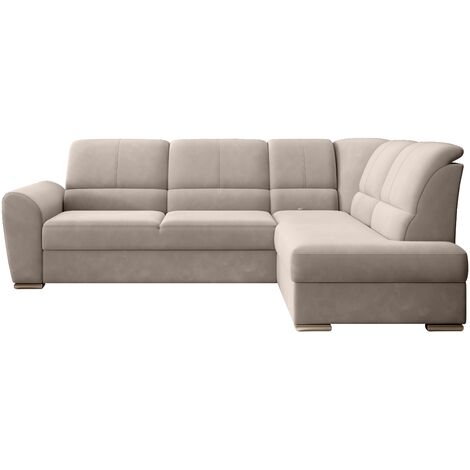 Canapé angle droit convertible velours beige et pieds acier chromé Zabor 270cm