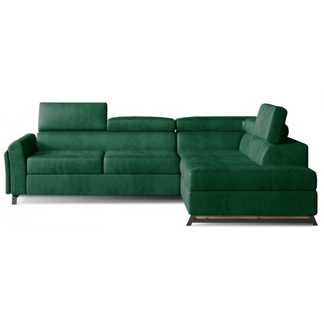 Canapé angle droit convertible velours vert avec têtières réglables Nikos 265cm