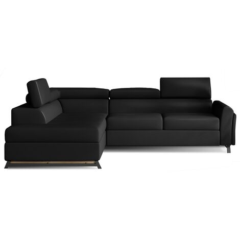 Canapé angle gauche convertible simili cuir noir avec têtières réglables Nikos 265cm