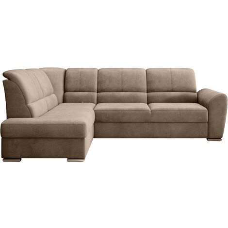 Canapé angle gauche convertible tissu doux beige foncé et pieds acier chromé Zabor 270cm