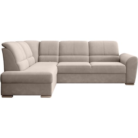 Canapé angle gauche convertible velours beige et pieds acier chromé Zabor 270cm