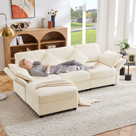 Canapé angle modulable beige chenille avec pouf OKMYHOME