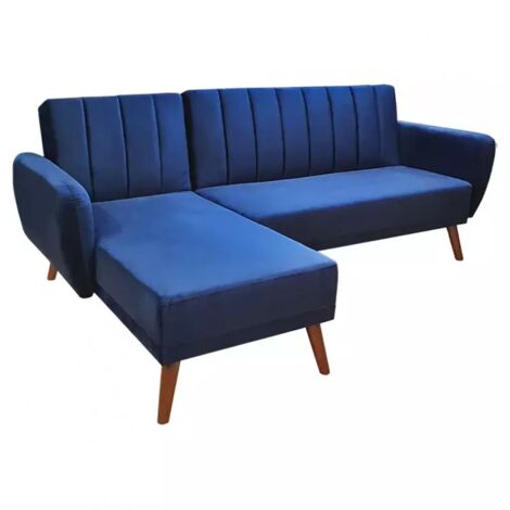 Canapé angle réversible convertible velours bleu pieds bois - URSULE