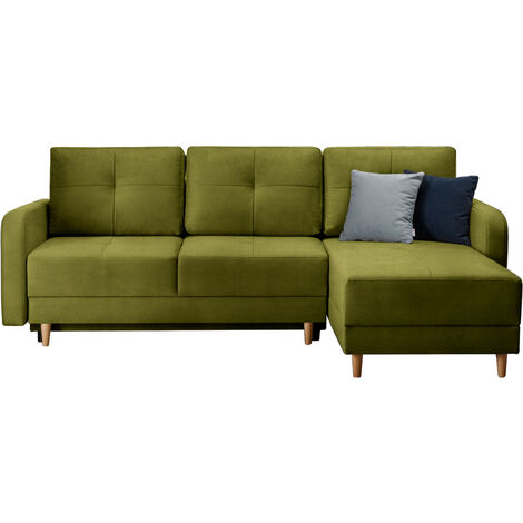 Canapé angle réversible Scandinave velours vert olive et pieds bois clair Kindo 240 cm