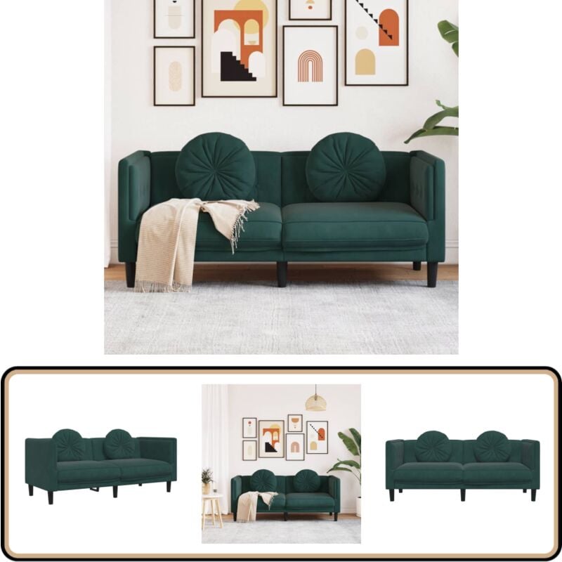 Canapé avec coussins 2 places vert foncé velours - Canapé Deux Places - Canapé Velours - Canapé Vert - Meuble Salon - Salon Cosy