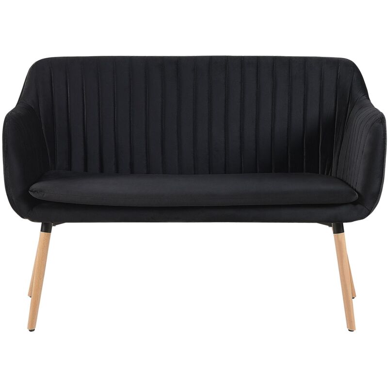 Beliani - Canapé Banquette 2 Places en Velours Noir et Piètement en Bois pour Salon Couloir ou Cuisine au Style Rétro Scandinave