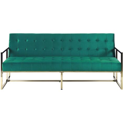 Canapé Banquette 3 Places Clic Clac Convertible en Lit avec Revêtement en Velours Vert Foncé et Piètement en Métal Doré pour Salon Glamour Beliani