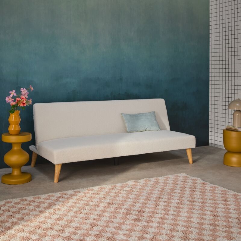 Sweeek - Canapé banquette convertible 3 places bouclette blanche piètement bois d'hévéa l 180 x p 100 x h 74,5 cm - Tom
