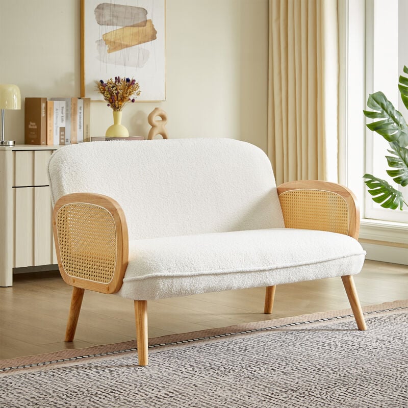 Sicaan - Canapé bohème 2 places rosi cannage et bouclette blanc