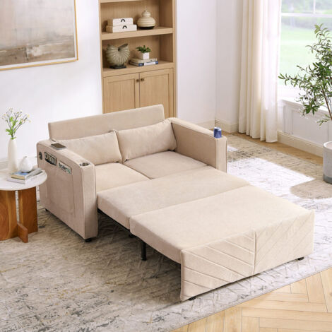Canapé, canapé-lit 2 places 3 en 1 minimaliste, élégant et léger, transformable en un clin d'œil grâce à son design coulissant, chargement USB, beige