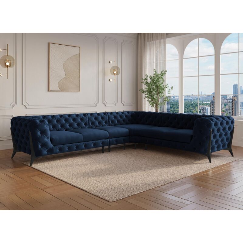 Deco In Paris - carmen - Canapé capitonné chesterfield d'angle réversible en velours bleu carmen