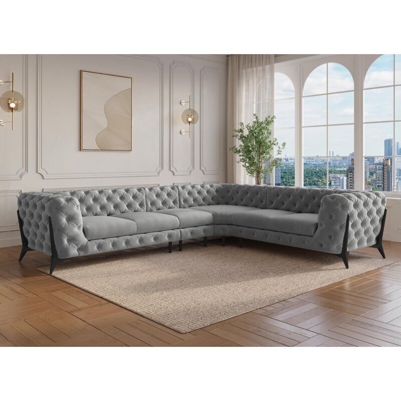 Deco In Paris - carmen - Canapé capitonné chesterfield d'angle réversible en velours gris carmen