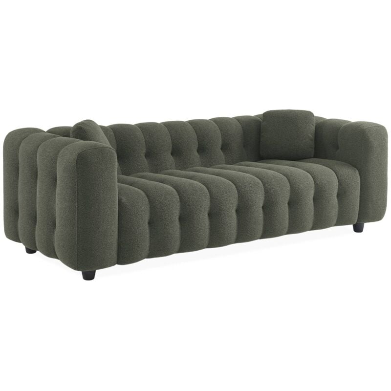 Canapé 3 places en bouclette texturée capitonné structure bois d'eucalyptus et contreplaqué Bouclette texturée Kaki foncé