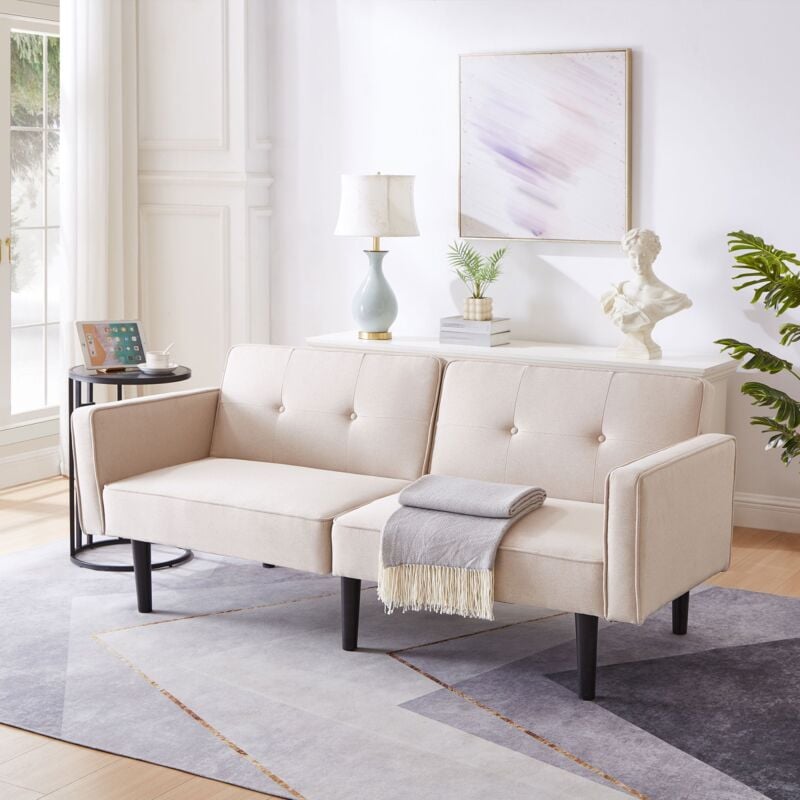 Eifson - Canapé causeuse, avec dossier double réglable, tissu coton et lin, mousse haute densité, 6 pieds en bois, canapé-lit 2 en 1, convient pour