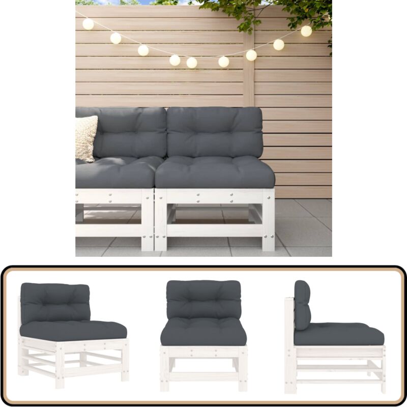 Canapé central avec coussins blanc bois de pin massif - Canapé Extérieur - Mobilier De Jardin - Canapé Sectionnel - Meubles De Jardin - Chaise Longue