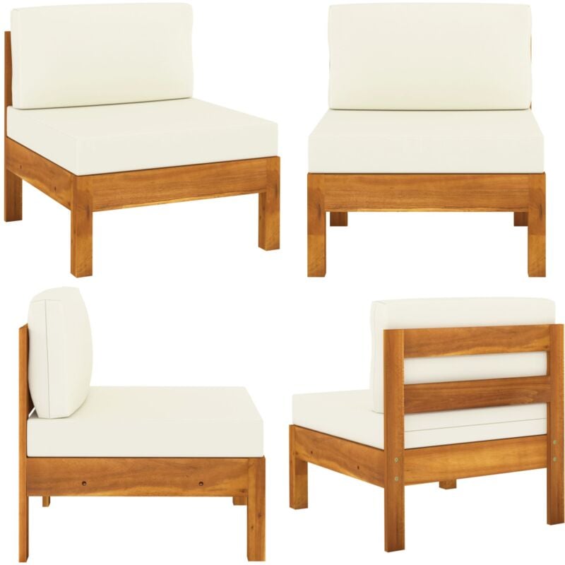 Canapé central avec coussins blanc crème Bois d'acacia solide - Canapé Extérieur - Mobilier De Jardin - Canapé En Bois - Acacia Massif - Canapé
