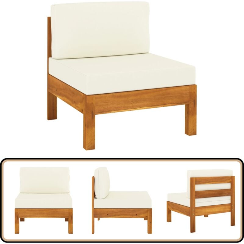 Canapé central avec coussins blanc crème Bois d'acacia solide - Canapé Extérieur - Mobilier De Jardin - Canapé En Bois - Acacia Massif - Canapé