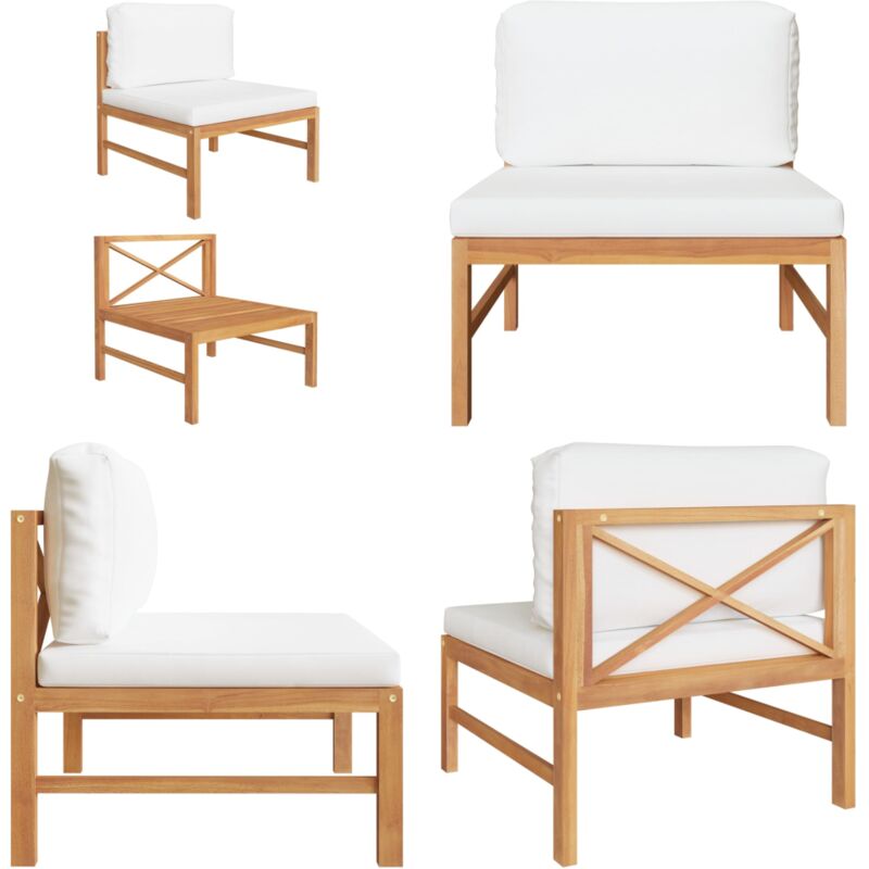 Canapé central avec coussins crème Bois de teck solide - Canapé Jardin - Mobilier Extérieur - Salon De Jardin - Meuble De Jardin - Teck - Home &