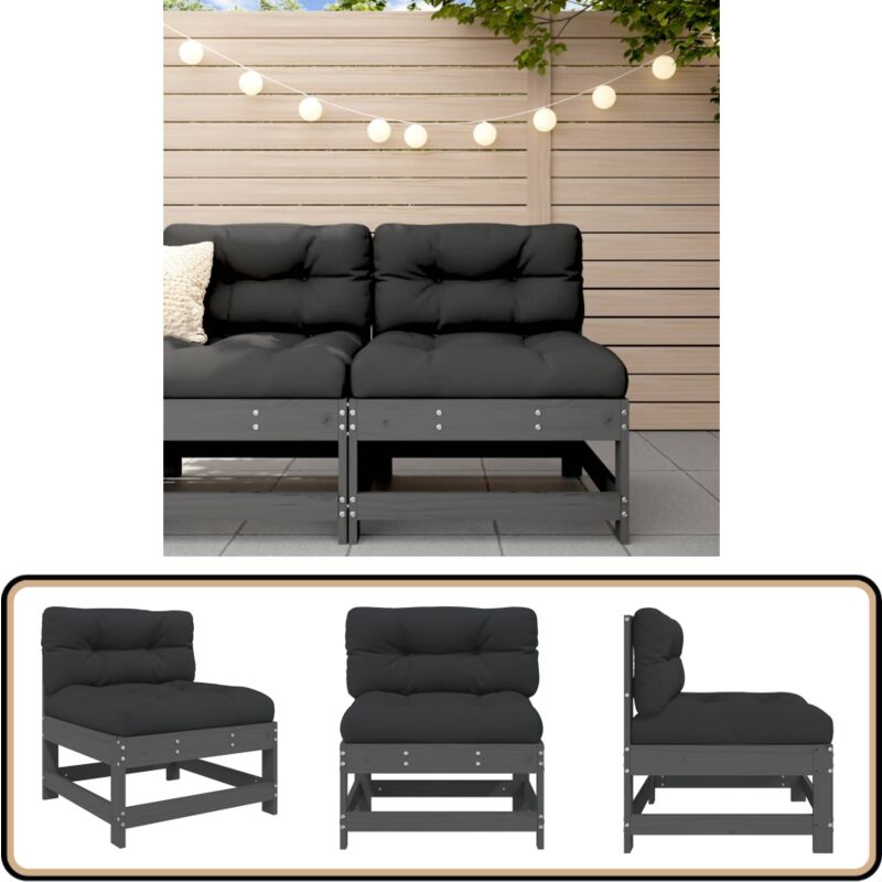 Canapé central avec coussins gris bois de pin massif - Canapé Extérieur - Mobilier De Jardin - Canapé Sectionnel - Meubles De Jardin - Chaise Longue