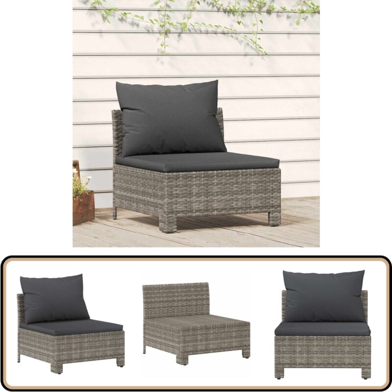 Canapé central de jardin avec coussin Gris Résine tressée - Canapé De Jardin - Salon De Jardin - Meubles De Jardin - Résine Tressée - Canapé Extérieur