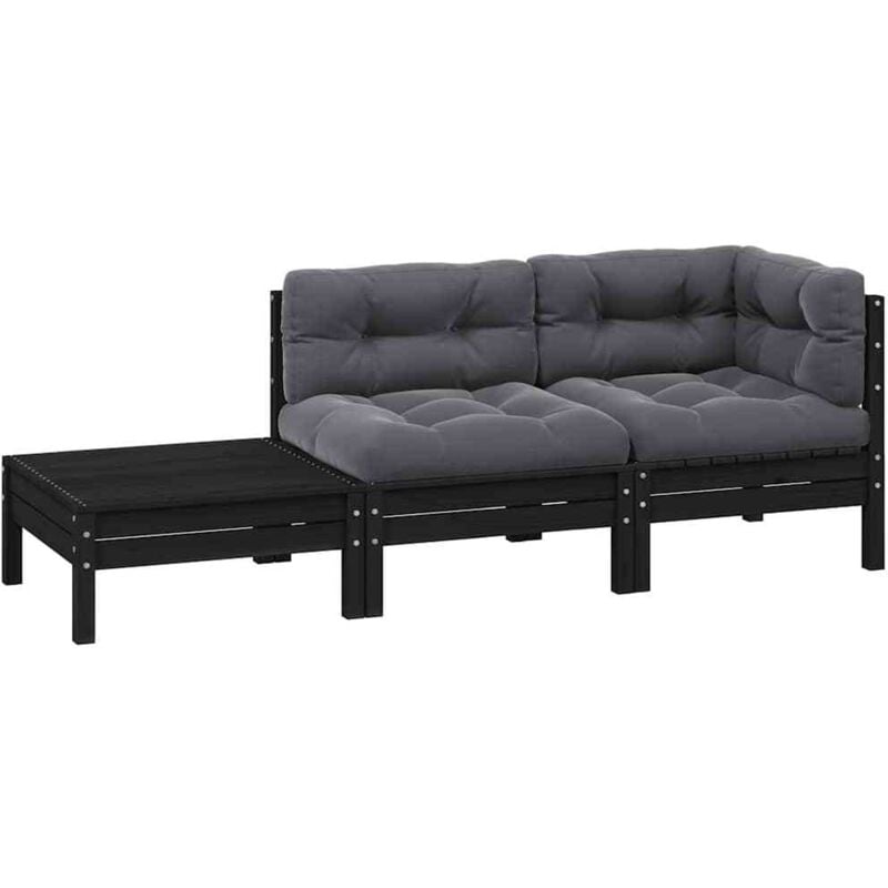 Salon de jardin 3 pcs avec coussins Noir Bois de pin massif