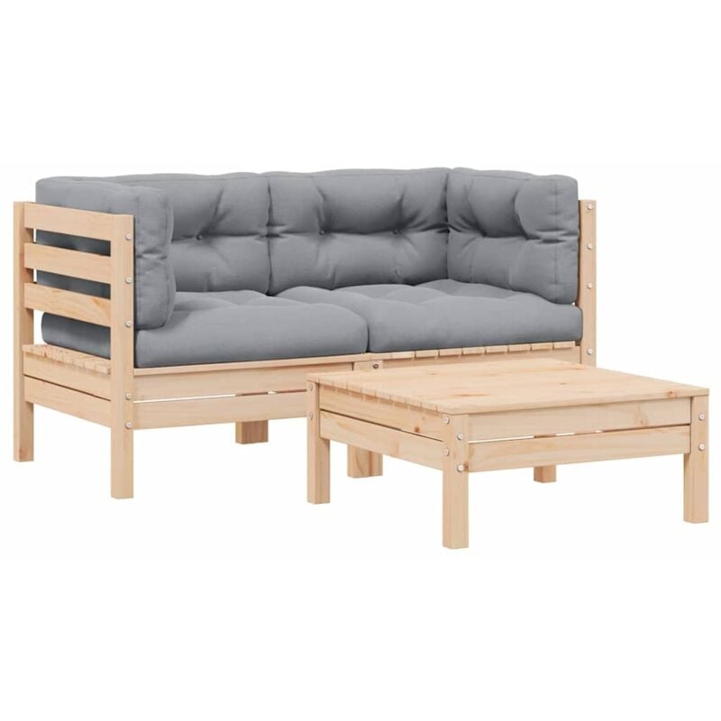 Salon de jardin 3 pcs avec coussins gris Bois de pin massif