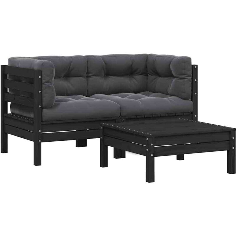 Vidaxl - Salon de jardin 3 pcs avec coussins Noir Bois de pin massif