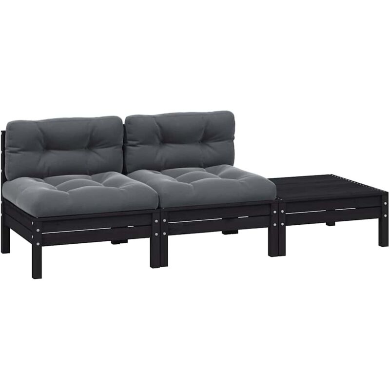Vidaxl - Salon de jardin 3 pcs avec coussins Noir Bois de pin massif