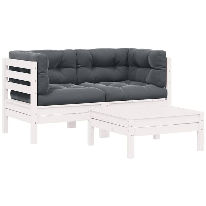 Salon de jardin 3 pcs avec coussins Blanc Bois de pin massif Vidaxl