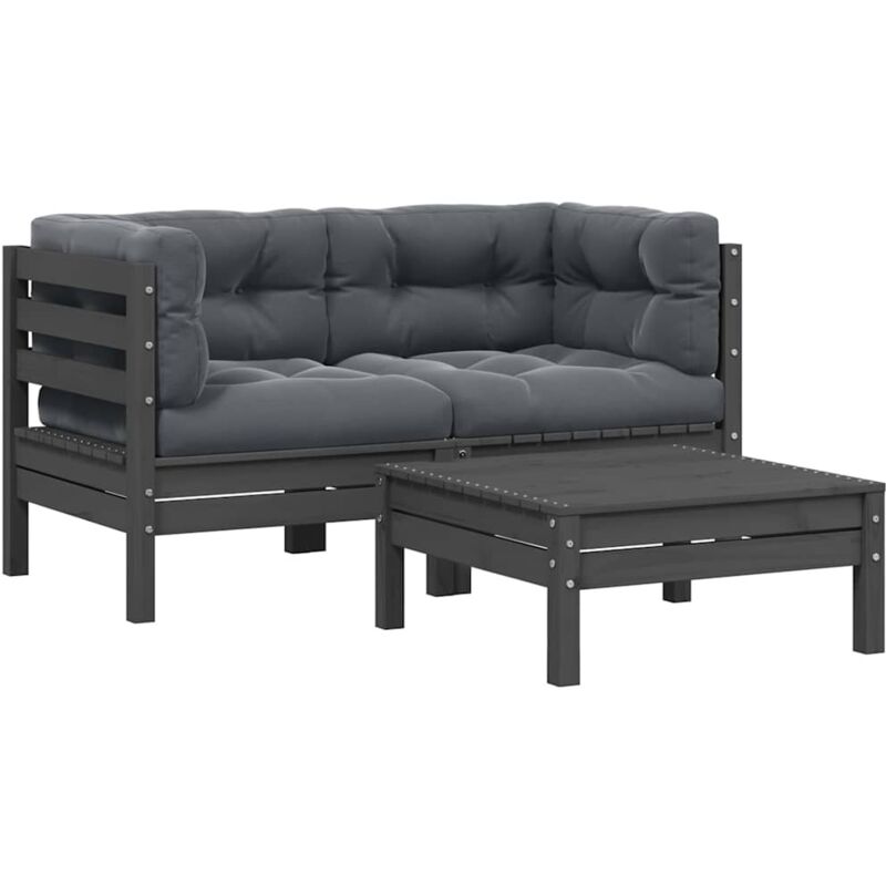 Salon de jardin 3 pcs avec coussins Gris Bois de pin massif Vidaxl