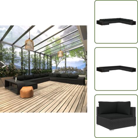 Canapé central - vidaXL Salon de jardin 11 pcs avec coussins Résine tressée Noir - Pouf