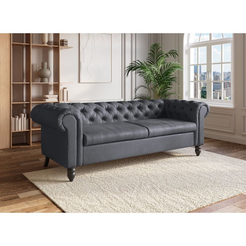 Deco In Paris - winston - Canapé Chesterfield 3 places en simili cuir gris winston