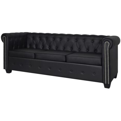 Canapé Chesterfield à 3 places, Banquette Sofa de Salon, Canapé droit cuir synthétique noir DESIGN IN